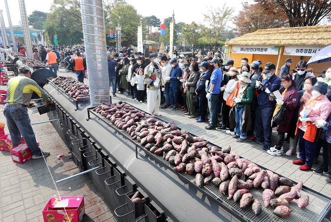 여주시 신륵사 일원에서 열린 2022여주오곡나루축제의 군고구마 기네스 퍼포먼스에 많은 인파가 몰려 성황을 이루고 있다.<br>
군고구마 기네스 행사는 50미터의 대형 군고구마통에 여주 특산물인 고구마를 구워서 방문객들에게 나누어 주는 행사로 방문객들의 큰 인기를 끌고 있다.