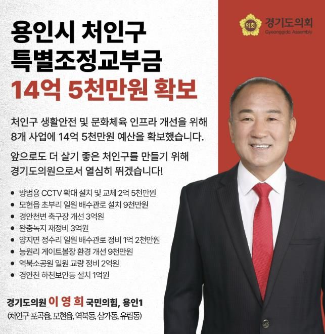 경기도의회 이영희 의원, 처인구 생활안전·문화체육 인프라 대폭 개선… 특별조정교부금 14억 5천만원 확보