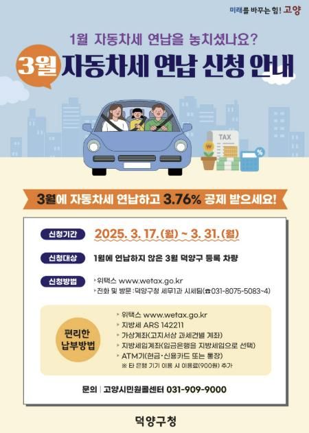고양시 덕양구, 3월에 자동차세 연납하면 3.76% 할인 혜택 제공