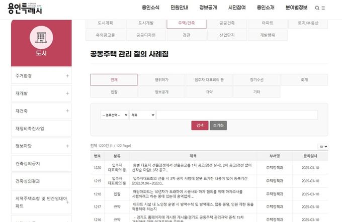 용인특례시는 공동주택 관리나 법령에 대한 질의응답 사례 1220건을 데이터베이스(DB)화해 시 홈페이지에 게시했다.