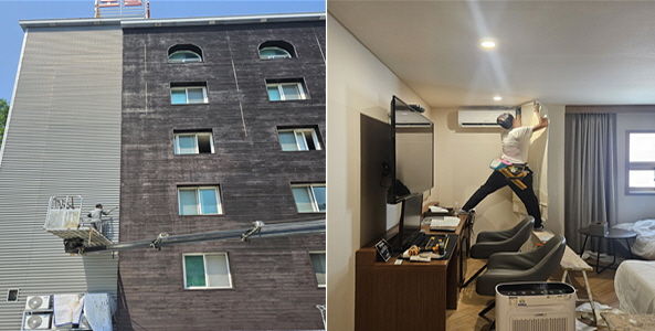 숙박업소 외벽 공사(왼쪽)와 객실 도배(오른쪽) 모습