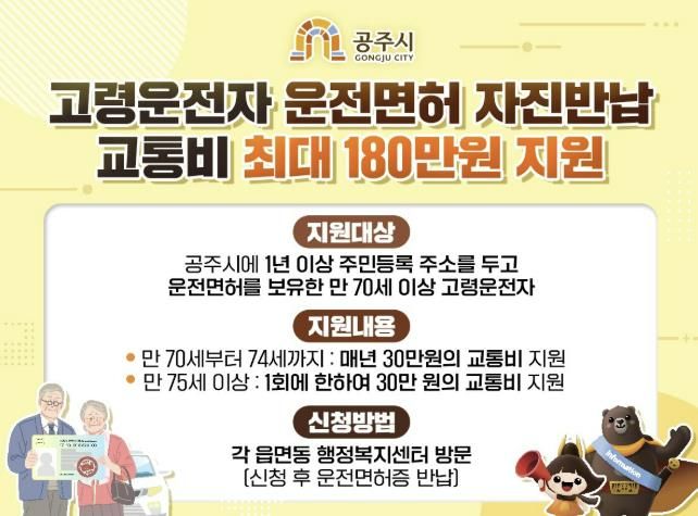 공주시, 고령운전자 운전면허 자진반납 교통비 최대 180만원 지원