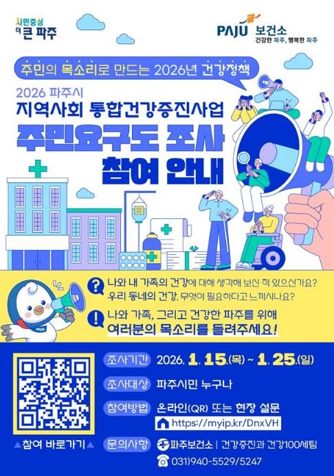 파주시, 2026년 지역사회 통합건강증진사업 주민건강요구도 조사 실시