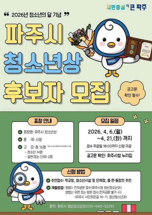 파주시, 제3회 파주시 청소년상 후보자 추천 시작